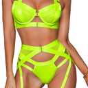 Kaei&Shi Strappy Harness, All Adjustable, Underwire Racerback, 4pc Garter Set (Neon Green)
