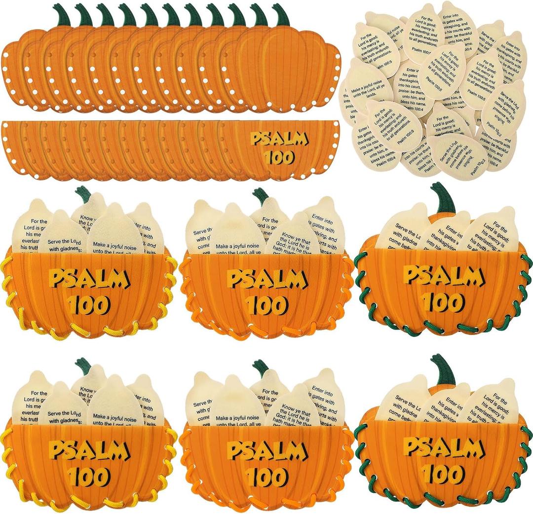 Soulchen 12 Sets Fall Religious Thanksgiving Crafts Harvest Pumpkin Felts Religious Lacing Cards and Christian Scripture Cards DIY Thanksgiving Pumpkin Crafts for Sunday School Activities Church Pray