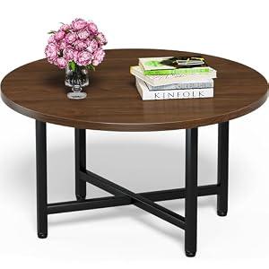 FAMIDGE Coffee Table, 23.6" Coffee Tables for Living Room, Round Coffee Table with Metal Frame, Floor Table for Sitting on The Floor, Home, Office, Dark Walnut
