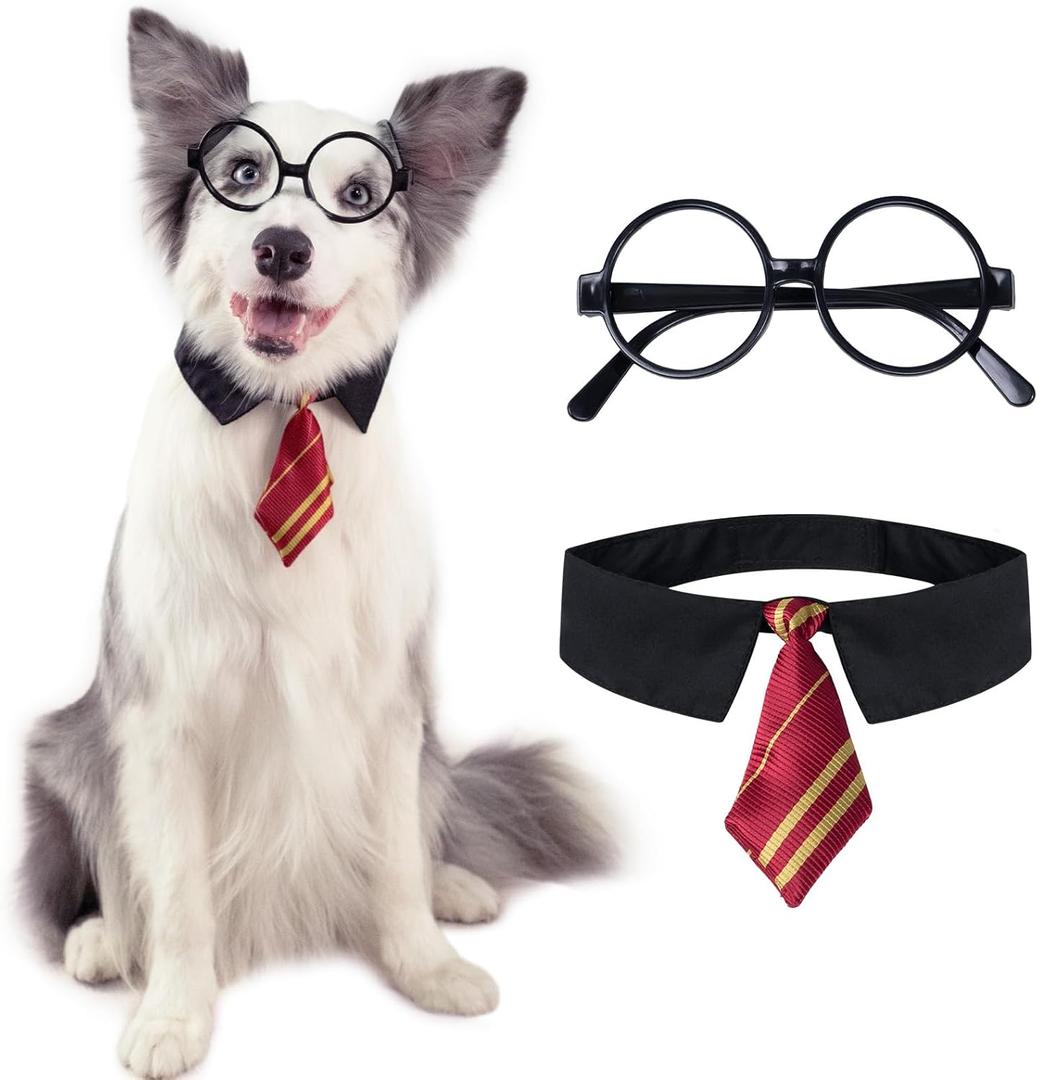 Dog Glasses Necktie Costume Set, Cute Cosplay Apparel Accessories with Dog Neck Tie Collar and Sunglasses Frame for Medium Dog