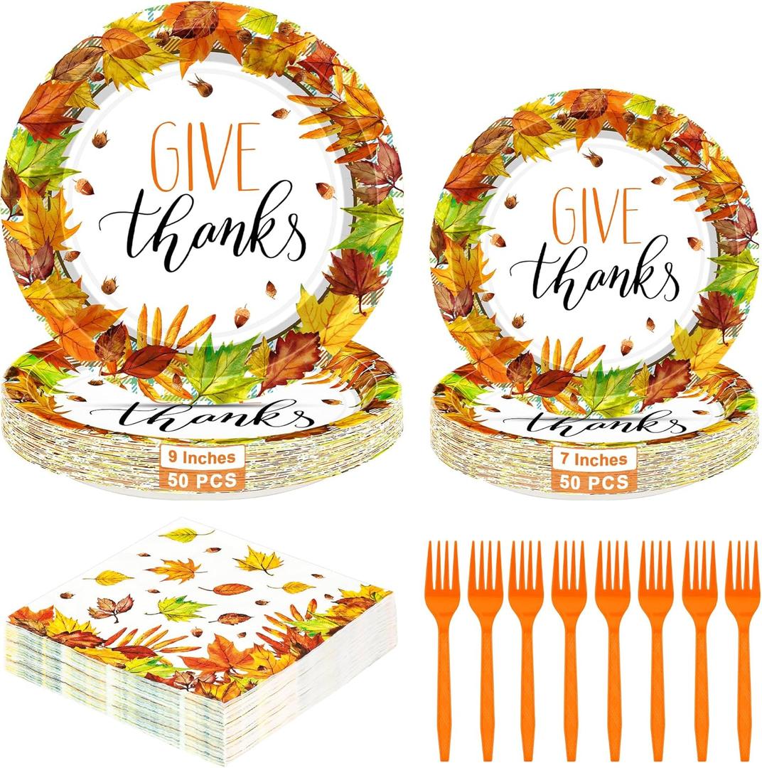 200 PCS Thanksgiving Plates and Napkins, Disposable Thanksgiving Decorations, Autumn Party Paper Dinnerware Supply, 9" and 7" Fall Maple Leaves Plates Napkins Forks for Home Friend Party Celebration