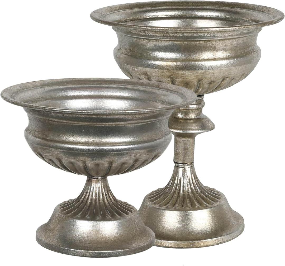 WORTH Silver Color Urn Vases for Centerpieces Set of 2 (Large:8.8" H. x 7.8" Dia. & Small:6.1" H. x 7.8" Dia.), Classic Metal Trumpet Flower Pots for Table, Bowl Vase for Wedding Party Event Home Deco