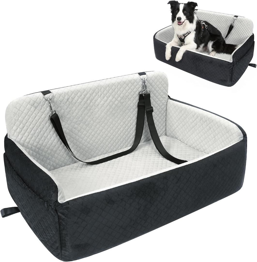 Dog Car Seat for Medium Dog Bed Large Dogs Booster Car Seat Under 55 lbs or 2 Small Dogs Soft Filling in Thick Memory Foam with Safety Leashes and Storage Pocket (Gray, Large)