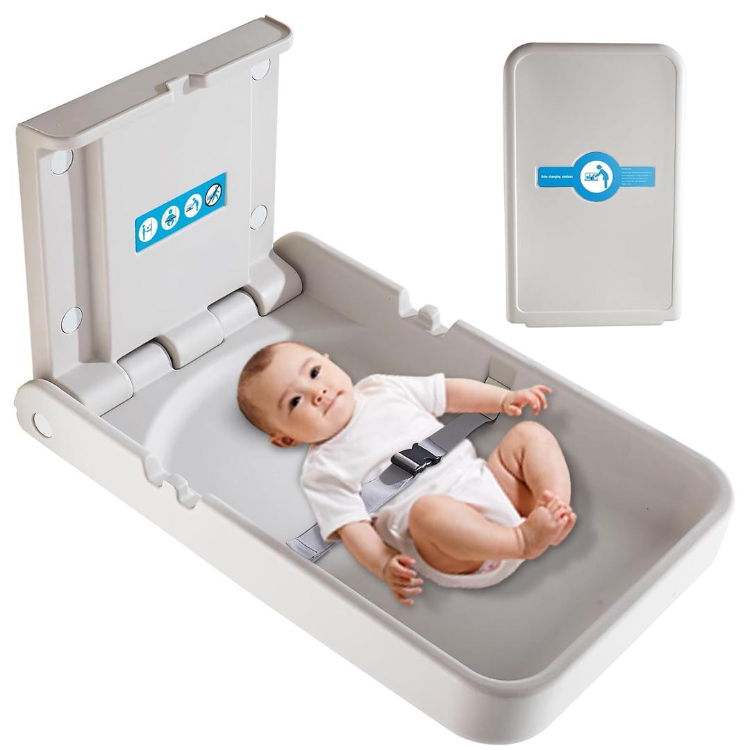 Baby Changing Station Wall Mounted, Baby Changing Table with Safrty Strap, HDPE Fold-Down Diaper Changing Station Table, Foldable Diaper Changing Unit for Commercial Bathroom Restroom (Vertical)