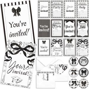 Jetec 48 Pack Black Bow Graduation Party Invitation with Stickers Coquette Bow Invitation Cards Grad Announcements Invitations High School University Masters Grad Celebration Party Supplies