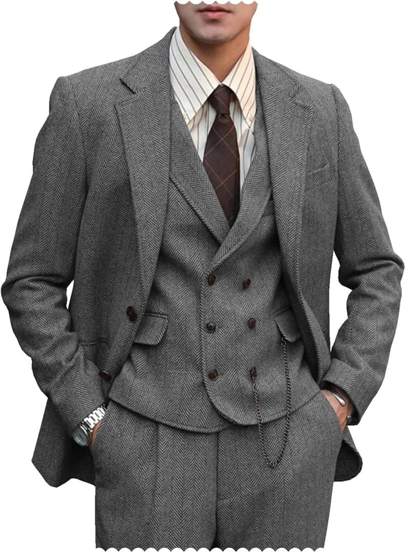 Mens Formal Tweed Wool 3 Piece Wedding Slim Fit Suit Prom Tuxedos Groomsmen (Gray, M)
