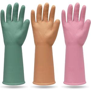 MAMISON 3 Pairs Colorful Rubber Dishwashing Gloves, Non-Slip Kitchen, L
