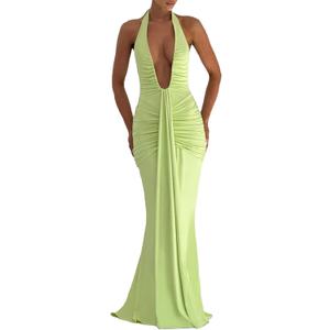 ABYOVRT Women Deep V Neck Ruched Maxi Dress Sleeveless Halter Gown Cocktail Evening Formal Dresses (Green, S)