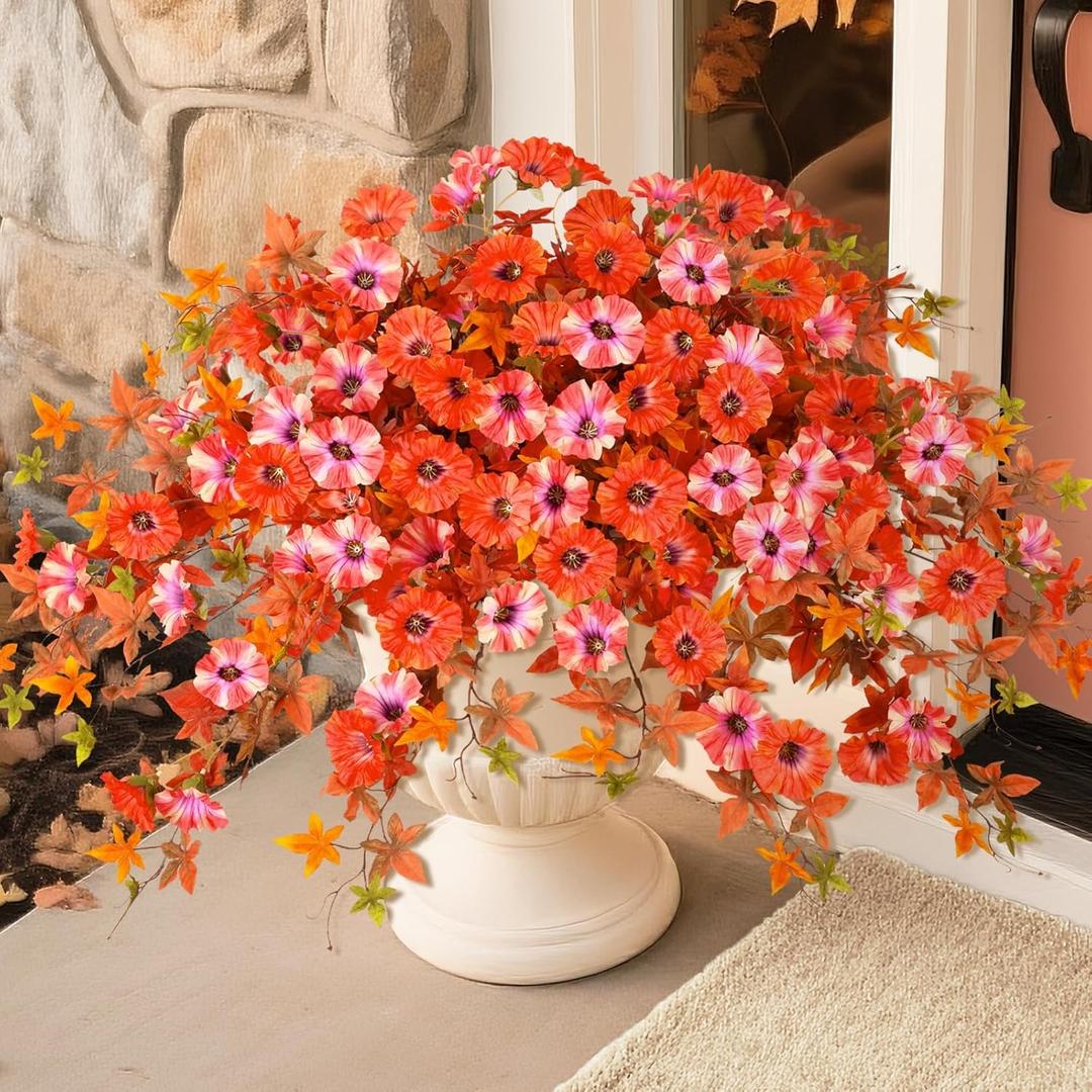Artificial Fall Hanging Flowers for Outdoors Decoration, 2Pcs Fake Petunias Silk Plants UV Resistant No Fade, Realistic Faux Flower Look Real for Outdoor Planters Garden Porch Patio (Fall Orange)