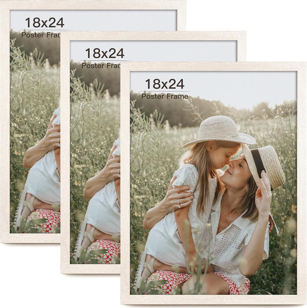 18x24 Frame Set of 3, Black Wood Grain 18x24 Poster Frame for Gallery Wall Mounting (3 Pack, Rustic White)
