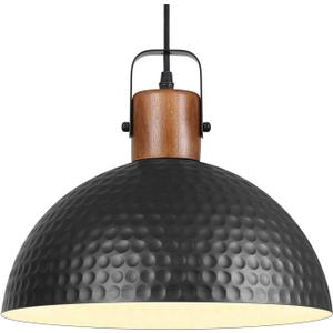 Black Pendant Light, 11.8" Hammered Metal Ceiling Hanging Light Fixture,Solid Wood Dome Pendant Lighting,Modern Industrial Chandelier for Kitchen Island, Dining Table, Restaurant, Farmhouse, Hallway