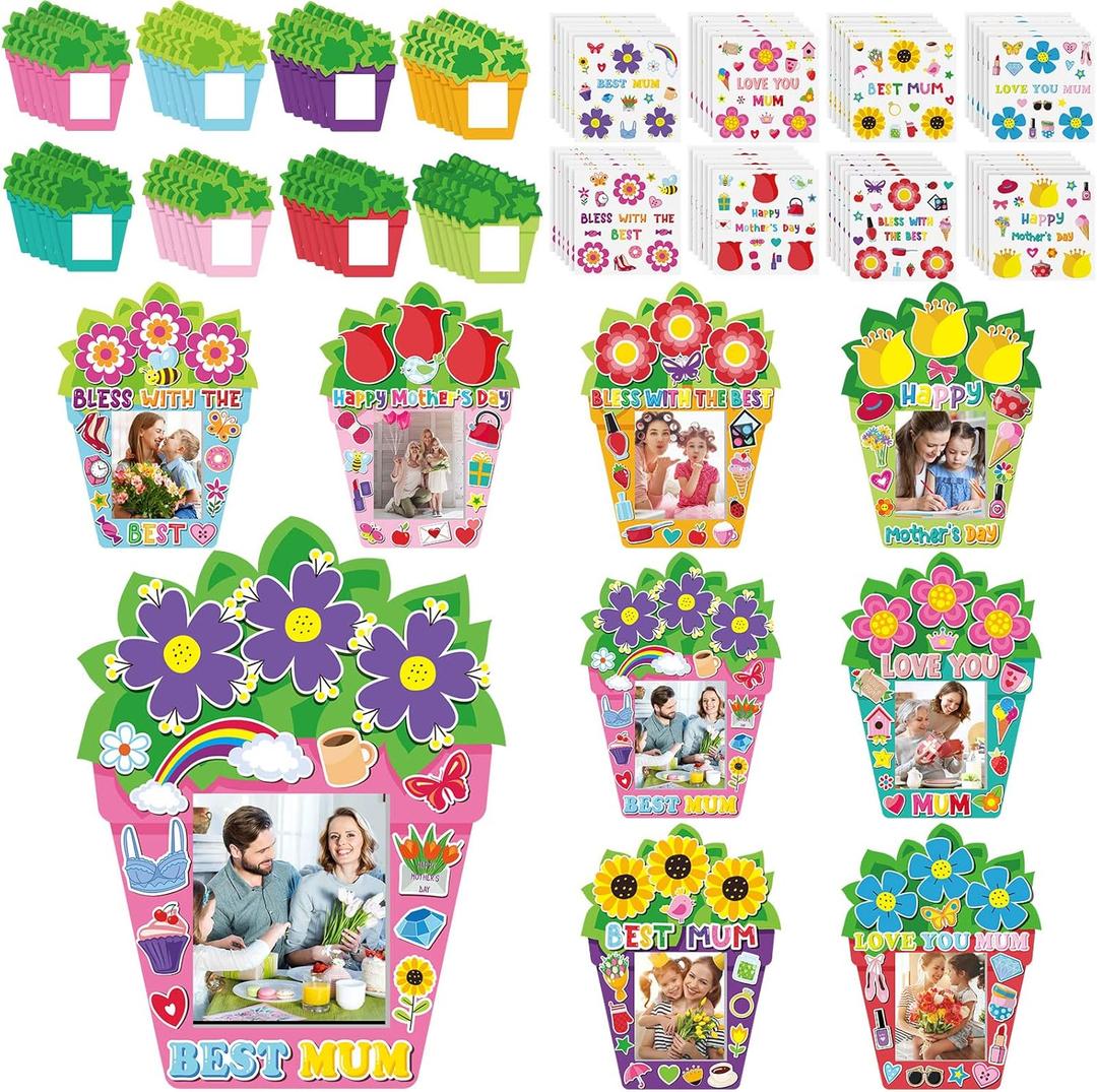 Fuutreo 96 Packs Mother's Day DIY Craft Kits for Kids Flower Love You Mom DIY Picture Frames with Stickers Paper Photo Frames Happy Mother's Day Gifts Craft for Party Decor Classroom Kindergarten