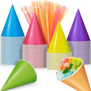 Boao 100 Pieces Snow Cone Cups 4.5 OZ Leakproof Matching 100 Pieces Spoon Straws for Snow Cone Syrups Slush Shaved Ice Cream Sorbet Water (Colorful,Classic Style)