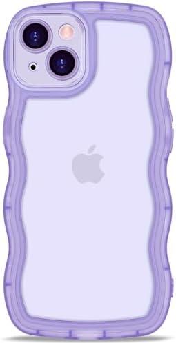 Anuck for iPhone 13 Case Wavy Edge Clear Back Design, Anti-Slip Grip Cute Wave Curly Frame Shape Shockproof Soft TPU & Hard Bumper Protective Phone Case Cover for Women Girls, Clear Purple set of 2