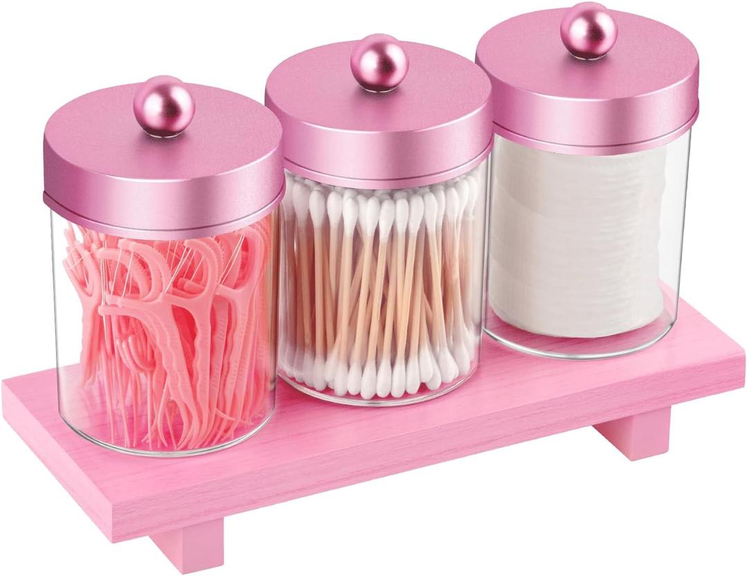 Pink Qtip Holder Bathroom Set - 3 Pack Apothecary Jars with Metal Lids and Vanity Tray. Bathroom Organizers and Storage, Cute Vanity Makeup Organizer, Bathroom Decor Accessories