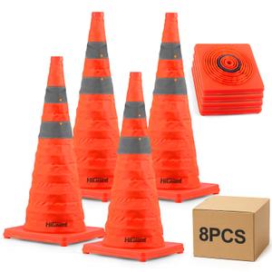 HiGiant 8 Pack 28" Collapsible Traffic Cones, Orange Cones | Folds Compactly; Quick Setup for Temporary Use; Reflective Strips Aid Visibility; Suits Driveways, RV Trips and Short Events.