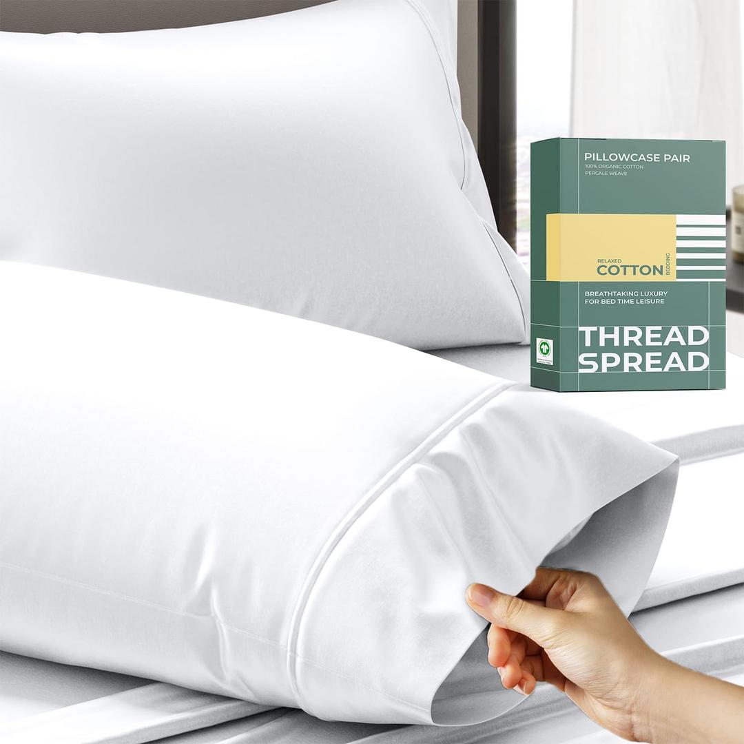 THREAD SPREAD 100% Organic Cotton Pillow Cases Standard Size - Natural Cotton Pillow Cases Queen Size Set of 2 (White), Soft, Cooling, Crisp & Breathable Percale Weave Pillowcase, GOTS Certified