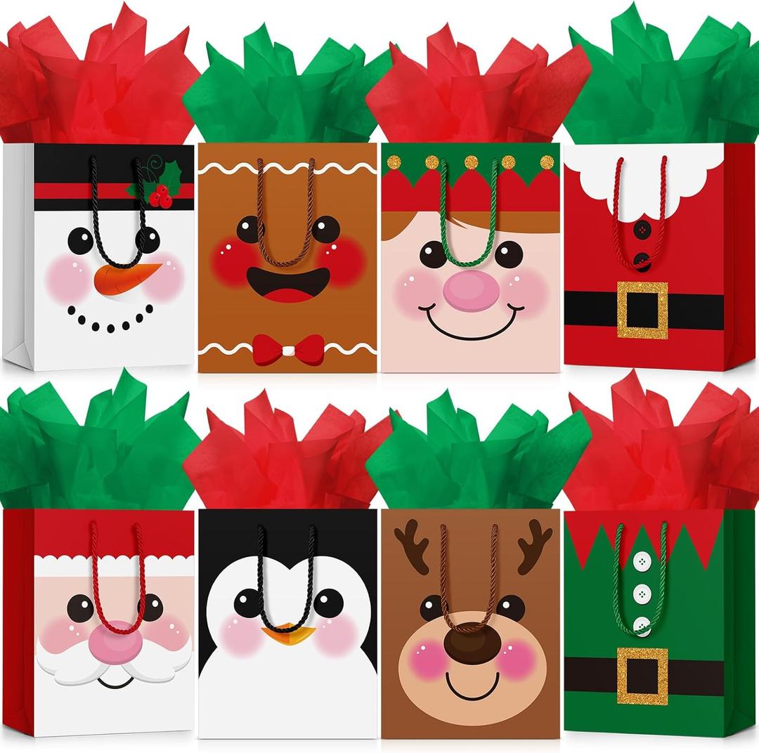 Cholemy 16 Pcs Medium Thick Christmas Gift Bags with Tissue Paper Christmas Kraft Paper Goodie Bags with Handles for Xmas Gift Wrapping Holiday Party Supplies 10 x 8 x 4.4 Inch(Cute)