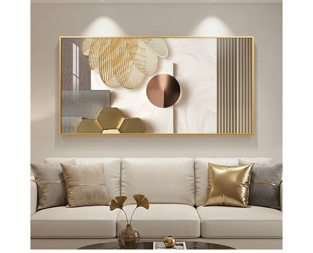 Large Framed Modern Luxury Gold Wall Art for Living Room, Horizontal Bright Style Artwork for Walls, Contemporary Geometric Picture Prints Painting Decor for Bedroom Hallway Dining Room 28x57