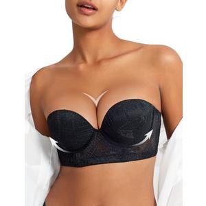 Amafuur Strapless Push Up Bra for Women Padded Underwire Support Convertible Lace Longline Bombshell Bras 42B