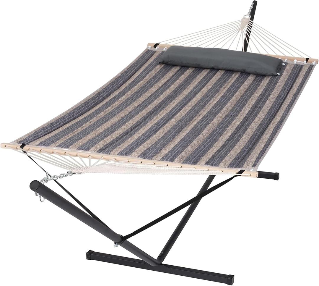 SUNCREAT Hammock with Stand 2 Person Heavy Duty, Freestanding Hammock with Spreader Bar, Soft Pillow, Gray Stripes, 147.6"L x 55.1"W