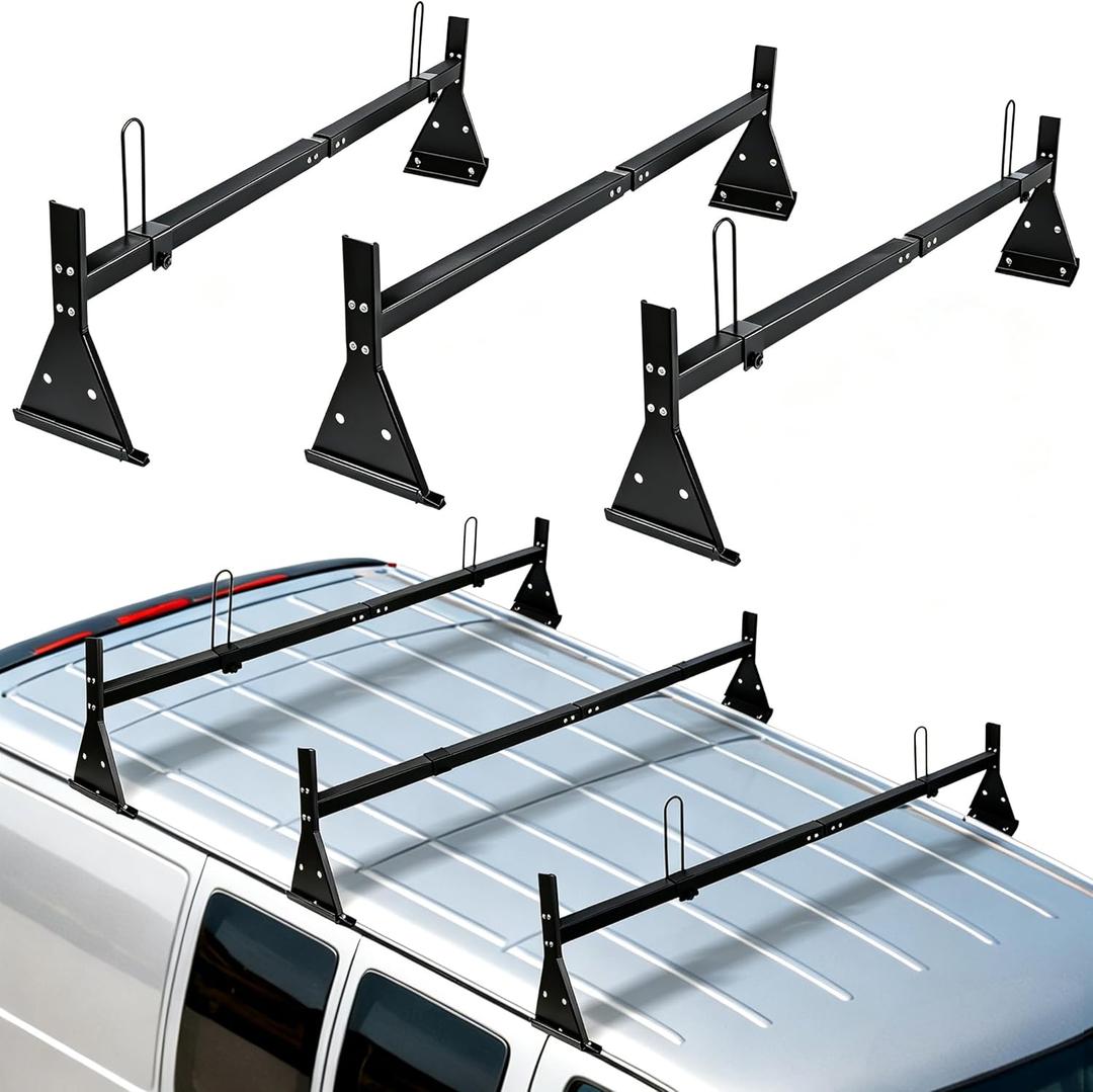 hightall Universal Van Ladder Rack,Adjustable Length 57-70" with Cargo Stoppers,Compatible with Chevy Express 1500 2500 3500 Ford Econoline GMC Savana Fullsize with Rain Gutter