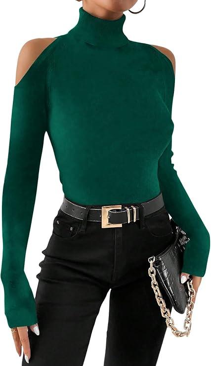 RoseSeek Women's Turtleneck Cut Out Cold Shoulder Tops Tee Long Sleeve Slim Fit Casual Basic T Shirt Dark Deep Green X-Small