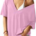 REORIA Women's Trendy Oversized V-Neck T Shirt Drop Shoulder Contrast Stitching Loose Fit Tops for 2026 Spring Summer (XL)