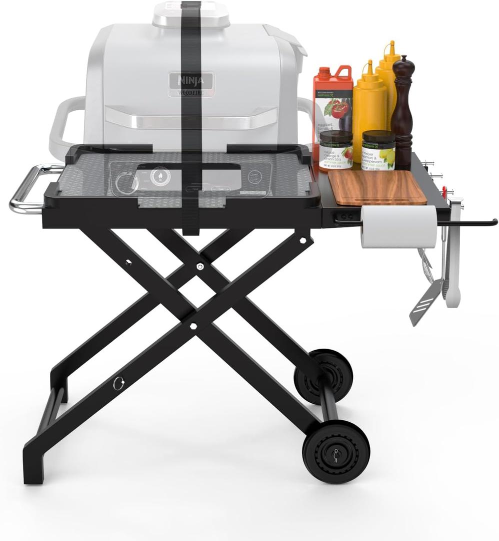 Collapsible Grill Stand for Ninja Woodfire OG701 OG800 OG900 Series & OO101 Pizza Oven Grill,Outdoor Table Cart with Side Shelf for Ninja XSKSTAND XSKUNSTAND Woodfire OG 700 Series,Foldable (34x22x27.7 Inch)