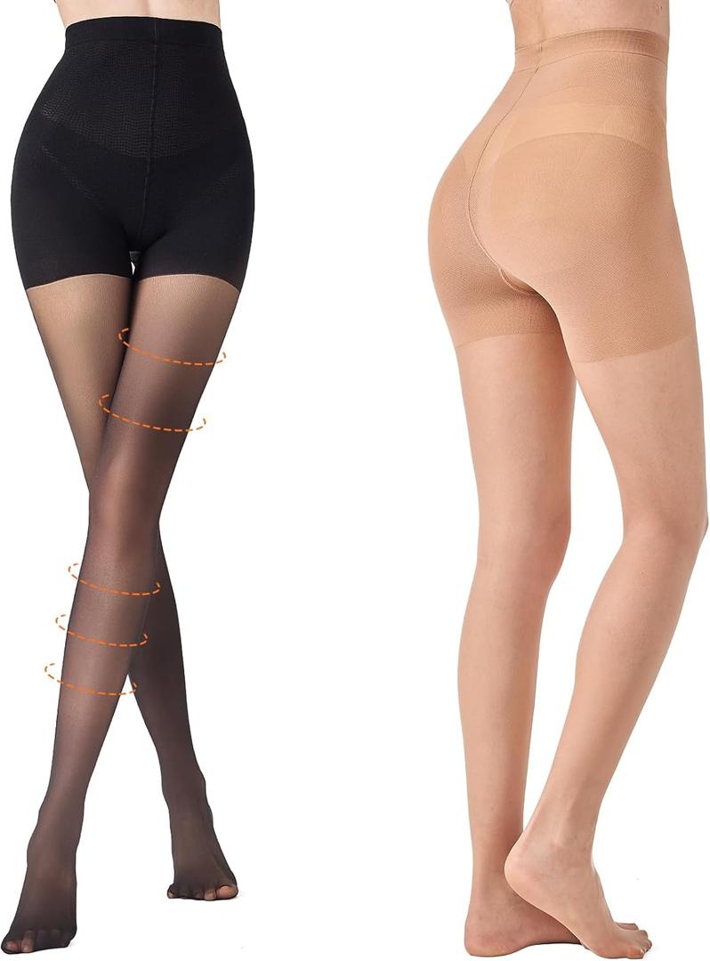 Aaronano 2 Pairs Compression Pantyhose for Women, 10-15mmHg High Waist Compression Stockings, 30D Shaping Tights For women (Large, Black+natural)
