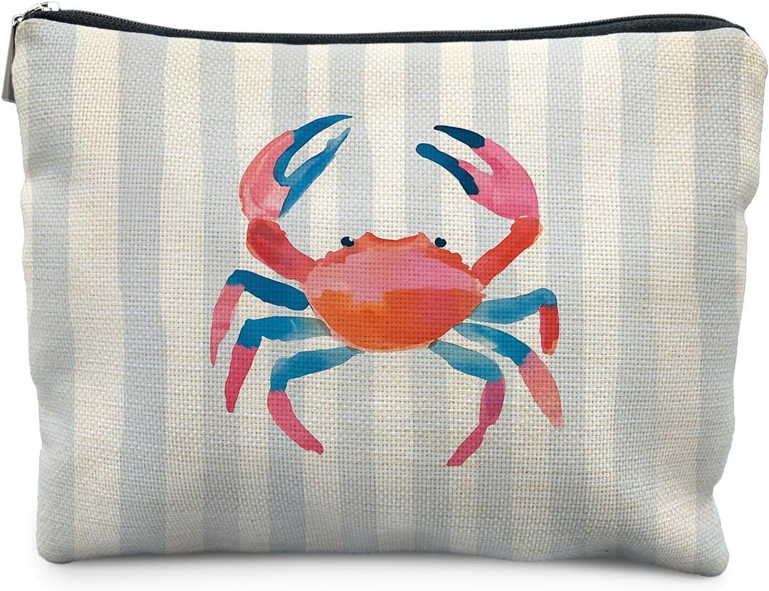 Coastal Beach Crab Makeup Bag for Women, Crab gifts, Coastal Ocean Beachy Nautical Cosmetic Bag for Purse, Pastel Crabs Blue Striped Makeup Zipper Pouch