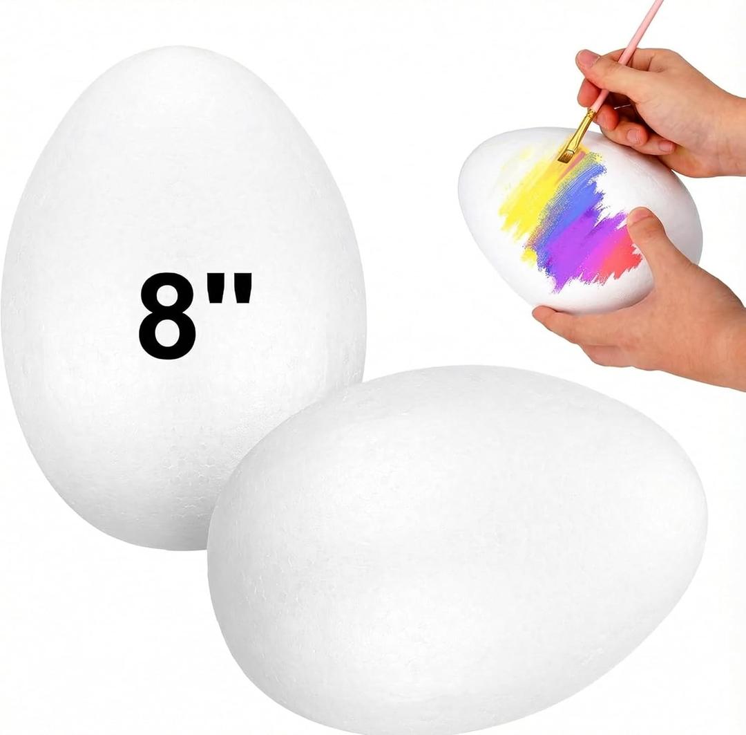 BESTOYARD 2Pcs 8-Inch White Craft Foam Eggs for DIY Polystyrene Decorations, Painting, School Projects, and Festival Crafts (7.87 x 5.11 x 5.11 inch)