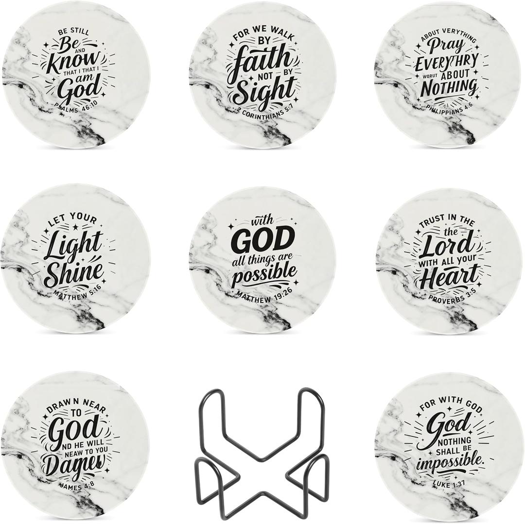 Ceramic Coasters Set of 8 with Holder - Christian Bible Verse Drink Coasters, Absorbent Marble Coasters for Table, Religious Gifts for Women Friends Family, 4 Inches