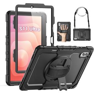 SEYMAC Case for Samsung Galaxy Tab S11 Ultra 5G 14.6 Inch 2025, Heavy Duty Shockproof Protective Case with Screen Protector, Rotating Stand and Hand/Shoulder Strap, Black