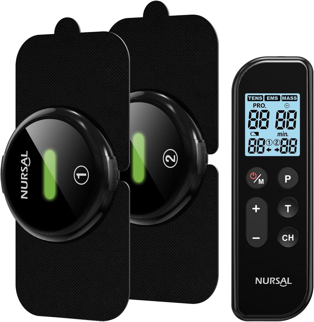 NURSAL Wireless TENS Unit Muscle Stimulator, Dual Host TENS EMS Machine for Pain Relief, 18 Modes 20 Intensity Remote Control Pulse Physical Electrotherapy for Back Shoulder Pain (2 Pads) (Black)