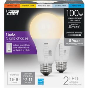 Feit Electric A21 100W LED Light Bulb, 100W Equivalent, Dimmable, Color Selectable 6-Way, 5CCT, E26 Medium Base, 90CRI, 1600 Lumens, 22-Year Life, Damp Rated LED Lightbulb, OM100DM/6WYCA/2, 2 Pack