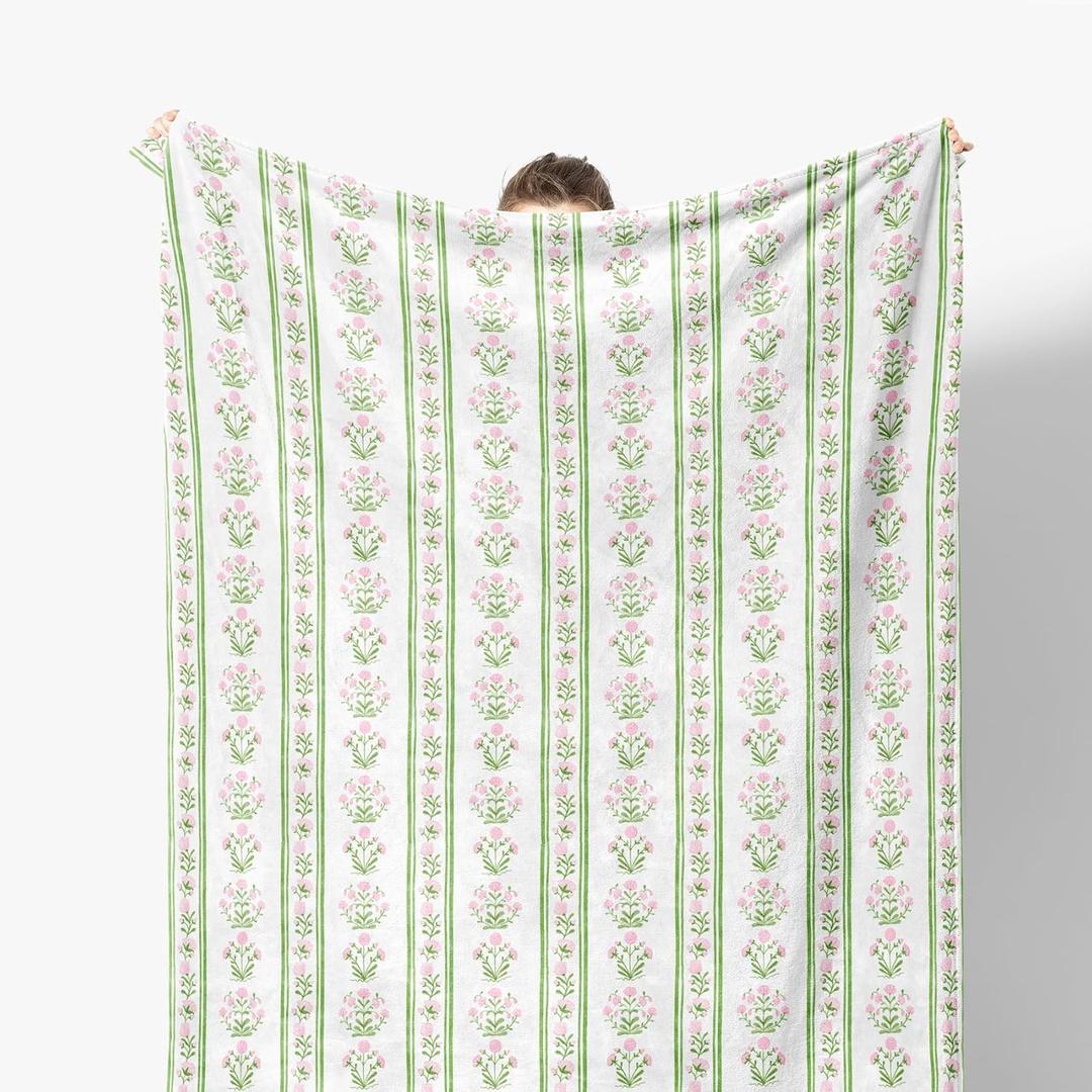 Pink Floral Blanket, Pink and Green Grandmillennial Flower Decorative Throw Blanket for Couch Bed Sofa, Pastel Floral Striped Throw Blankets for Living Room Bedroom Decor, 50x60 Inches (Color 06)