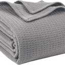 100% Cotton Blankets Queen Size for Bed - Waffle Weave Blankets for Summer, Lightweight and Breathable Soft Woven Blanket for Spring, (Light Grey, Queen (90" x 90"))