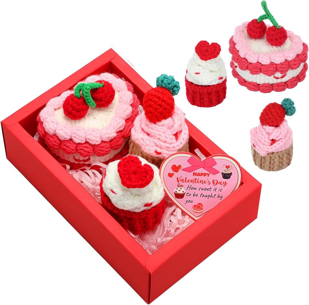 Suncalla 3 Pcs Valentines Day Crochet Gifts for Women Crochet Cupcake Dessert Doll Gift with Pink Box Cards for Valentines, Sis Big Little Sister, Mother's Day, Wedding Decor
