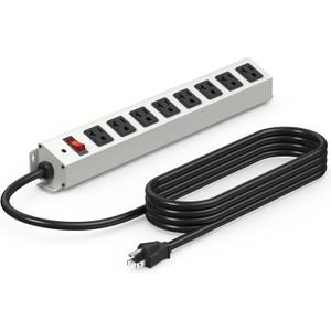CCCEI Corner Mount Angle Power Strip, Under Cabinet Heavy Duty 8 Outlets Power Strip 20Amp, Metal Underneath Desk Plug Surge Protector, Wall Mountable, for Garage, Shop, Kitchen. 15FT Extension Cord.