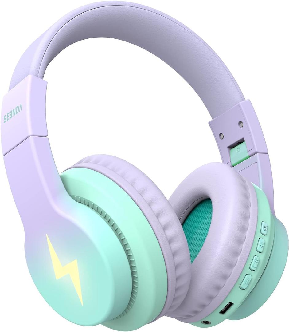 seenda Kids Bluetooth Headphones, Colorful Wireless Over Ear Headset with 85dB/94dB Volume Limited, 45H Playtime, 3 Lighting Modes, Built-in Mic Headphones for Boys Girls iPad Tablet School Green