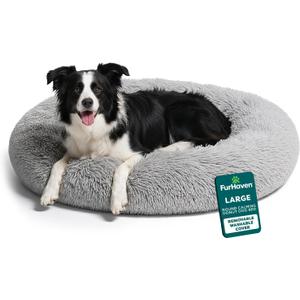 FurHaven 36" Calming Donut Dog Bed for Large Dogs, Round Plush Donut Design with Soft Filling for Snuggling Comfort, Removable Washable Cover, Large, Shaggy Faux Fur, Mist Gray