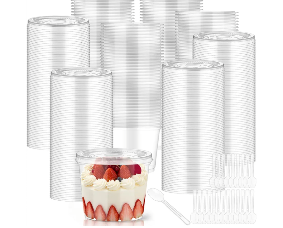Jingmore 400 Pcs 9 oz Plastic Dessert Cups with Lids,200 Pcs Clear Disposable Parfait Fruit Cups and 200 Spoons,Appetizer Party Containers for Yogurt Puddings Ice Creams Cake Cold Drink (Flat)