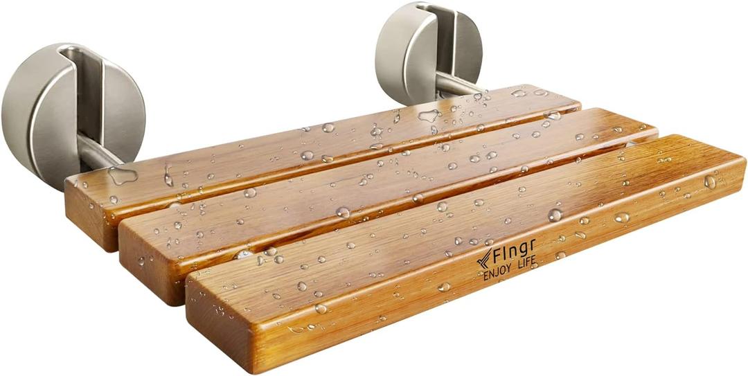 20 Inch Teak Folding Shower Bench Wall Mounted,Fold Down Shower Seat for Shower Space, Home Care Folding Teak Wood Seat for Shower, Elderly, Adults, Pregnants,Stainless Steel Frame Maximum Load 440lb (Matte & Yellow)
