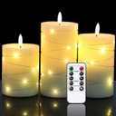DRomance Flameless Flickering Candles String Light with Remote Timer Set of 3 Battery Operated LED Pillar Candles Real Wax 3D Wick Yellow Light Christmas Holiday Decor(3 x 5, 6, 6.8 Inch)
