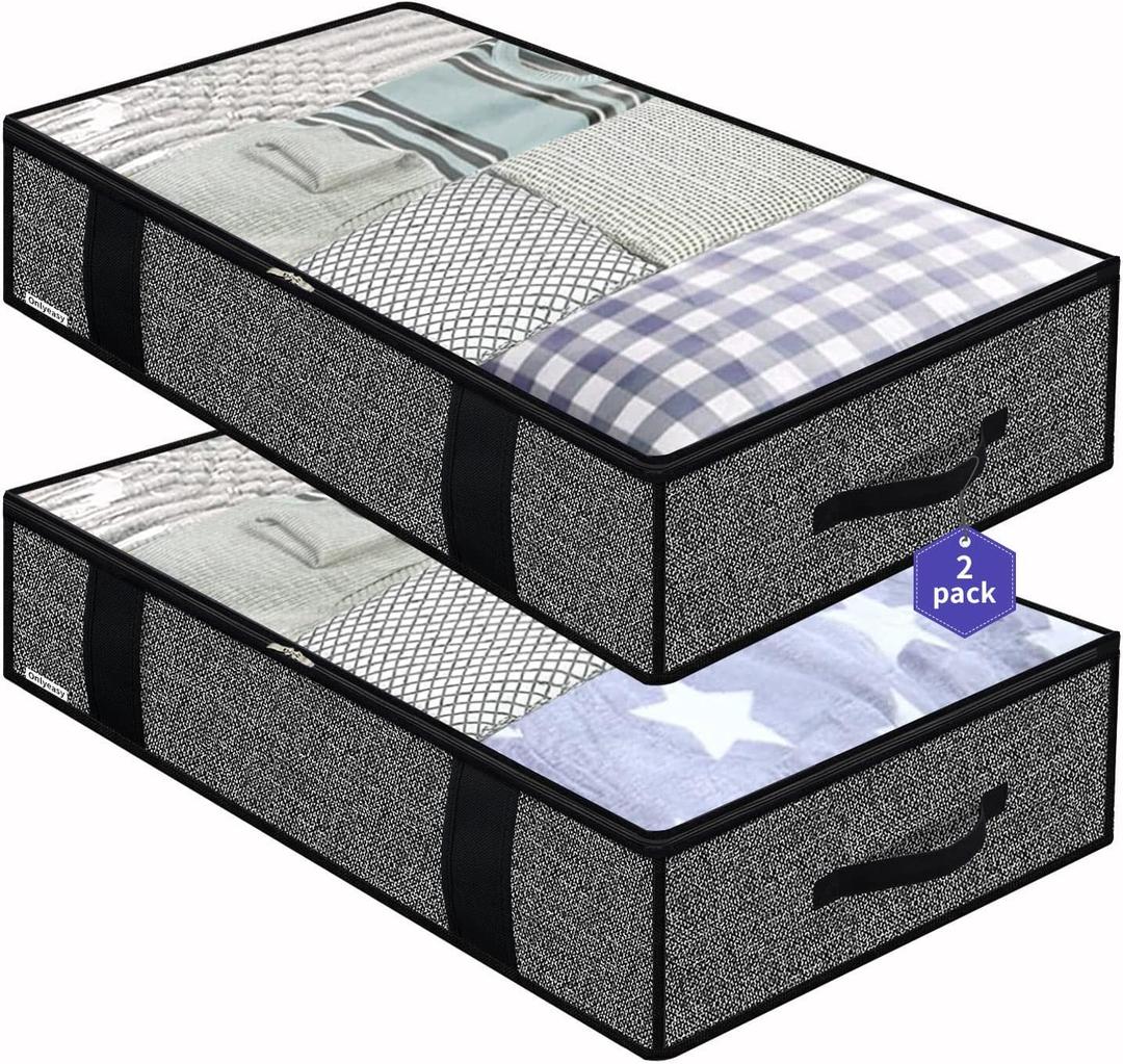 Onlyeasy Foldable Underbed Bags - 2 Pack Blankets Clothes Comforters Storage Bag Breathable Zippered Organizer for Bedroom with Clear Window and 4 Handles, 100 x50 x15cm, Linen-Like Black, MXAUBBP2 (Basic Soft Side Wall - Linen Like Black)