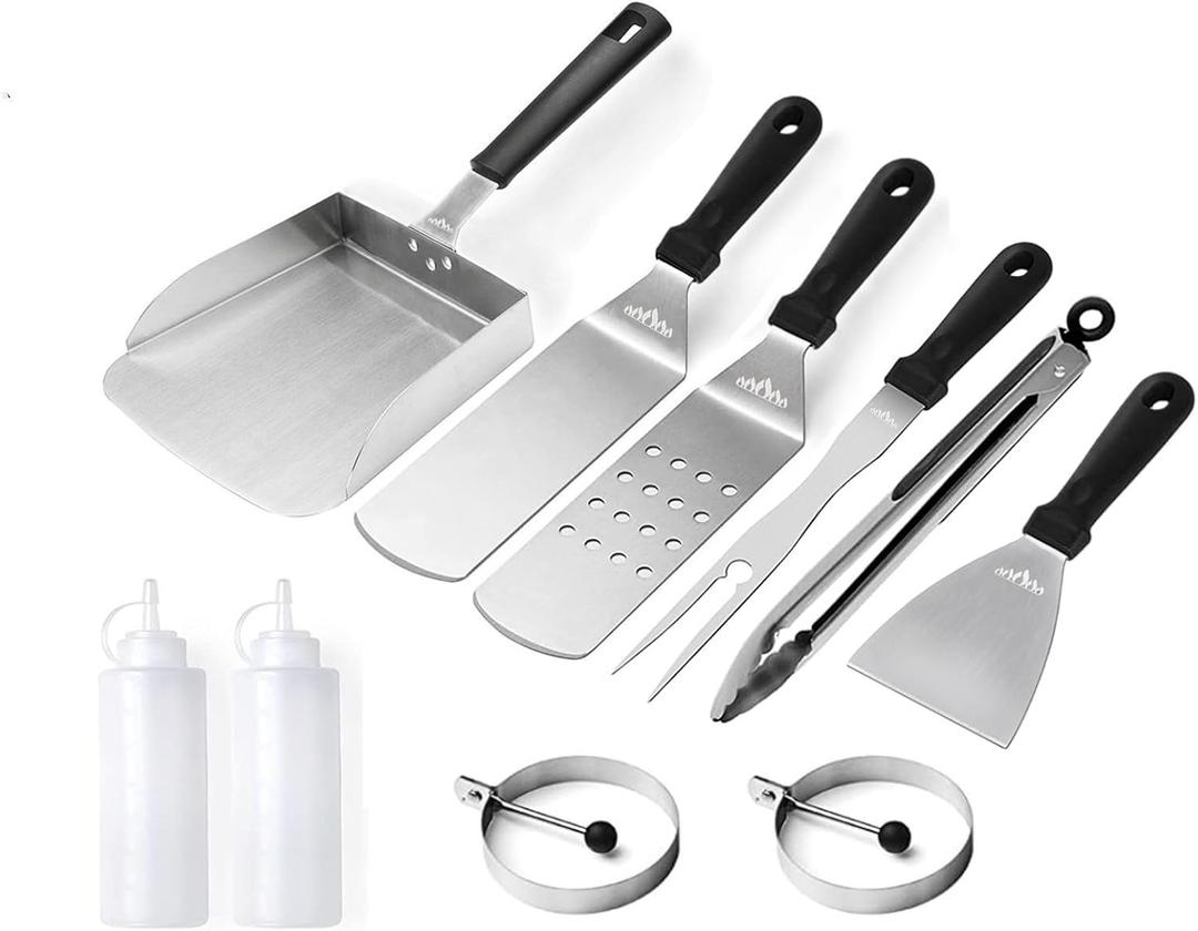 Griddle Accessories Kit for Blackstone, Camp Chef, Weber and Other Flat Top Grill, 10 Pieces BBQ Accessories, Includes Spatula Set, Wide Scooper, Squeeze Bottle & Egg Ring