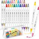 Ohuhu Journal Pens 24 Colors Dot Markers Dual Tips (Calligraphy Brush & Dot) for Adults Water-based Metallic & Regular Colors Dot Pens for Lettering Journal Scrapbooking Coloring Markers - Kumimi
