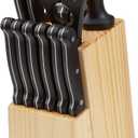 Amazon Basics 14-Piece High Carbon Stainless Steel Kitchen Knife Set with Full Tang Construction, Ergonomic Handles, Sharpener and Pinewood Block, Black