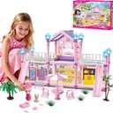 Doll House for Girl with 1 Princess, 2 Floors -4 Rooms, 131 Accessories Includes Dog and Furnitures, Design and Build Gift for 3 4 5 6 7 8+ Year Old Girls (Pink)